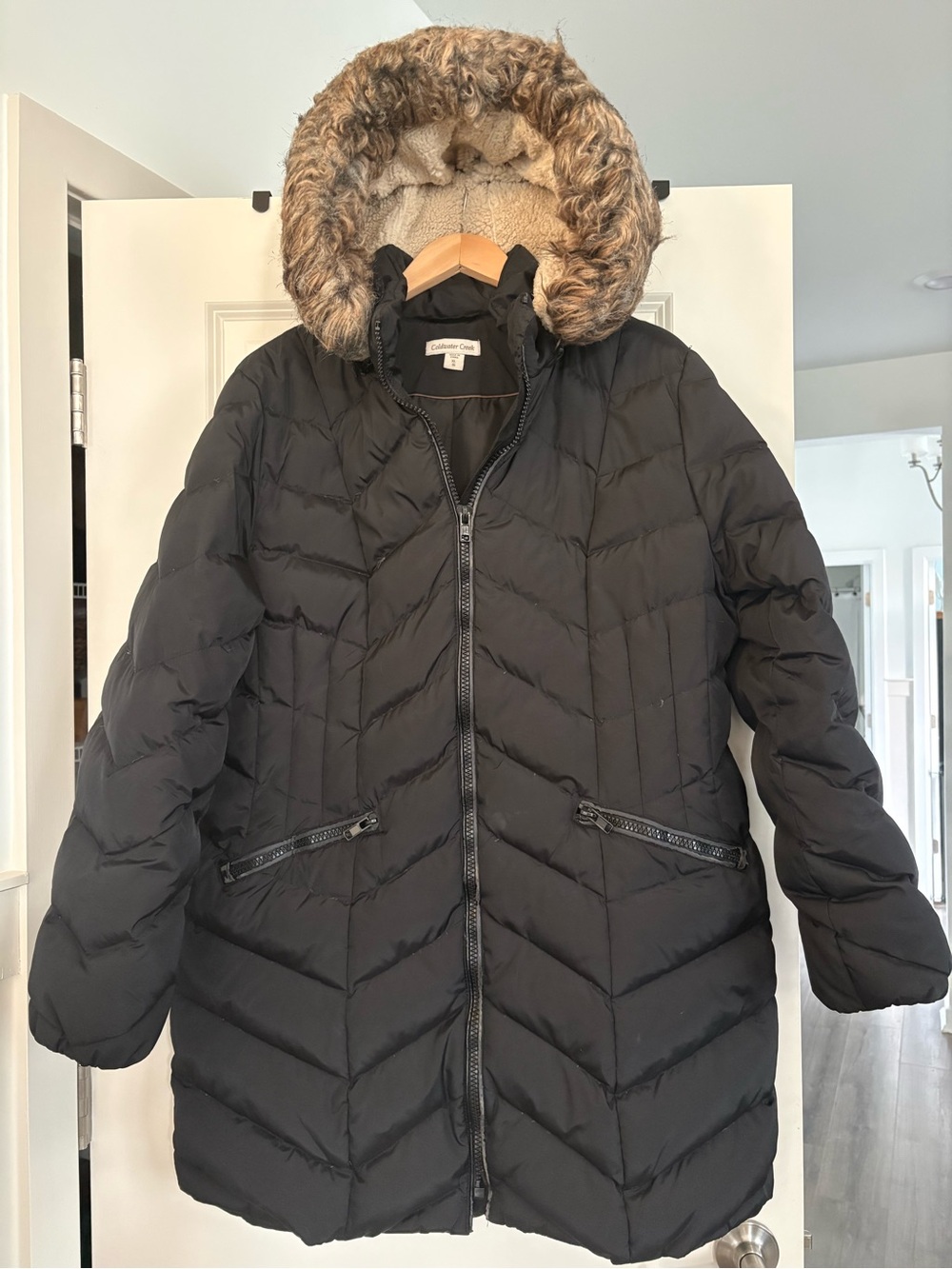 Coldwater Creek Black Puffer Coat with Faux Fur Trim Hood